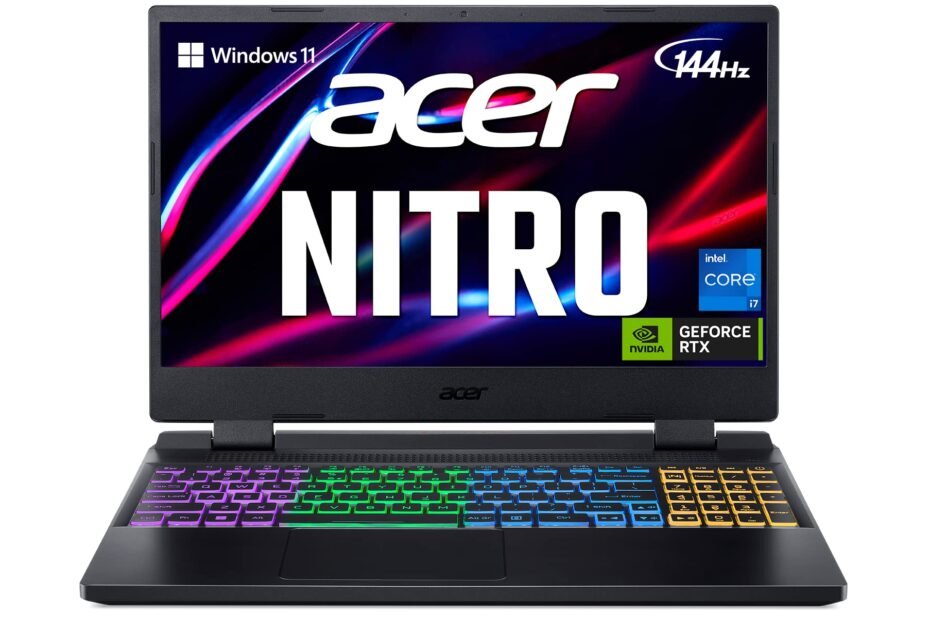 Notebook gamer Acer Nitro 5 aberto em ambiente de jogo, destacando teclado retroiluminado em vermelho e tela exibindo gráficos de alta performance, simbolizando potência acessível em 2025.
