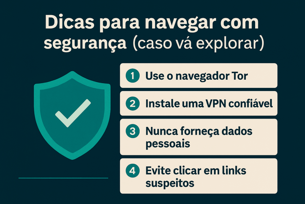 Infográfico em português com dicas de segurança sobre o que é darkweb, incluindo uso do Tor, VPN confiável e cuidados com dados pessoais.